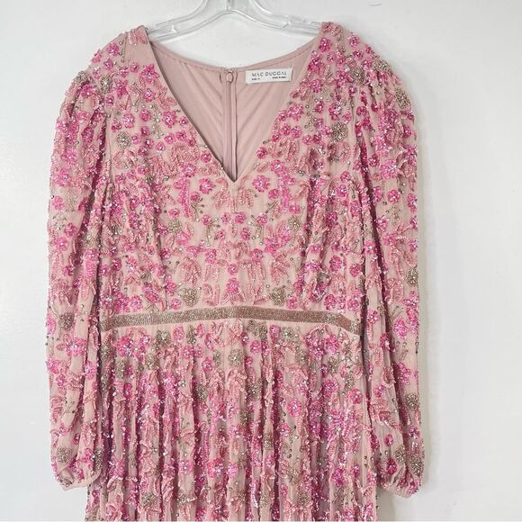 Mac Duggal 5497 Size 14, Floral Beadwork Rose Pink Mesh 3/4 Sleeve Formal Gown - Picture 2 of 13